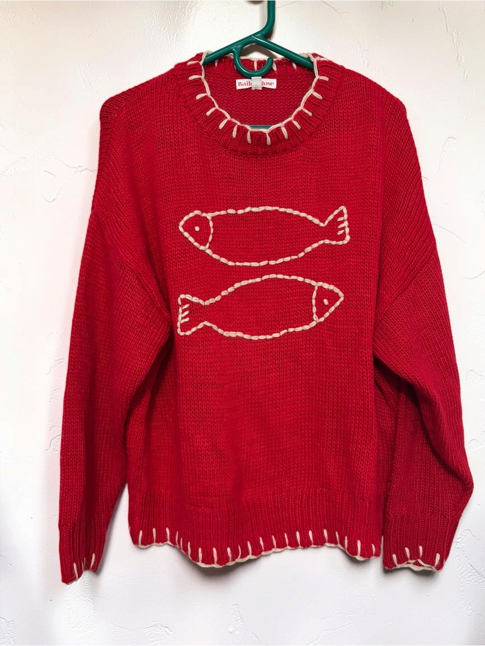 Bailey Rose Oversized Fishy Fishy Red Chunky Knit Sweater Whipstitch Trim size S